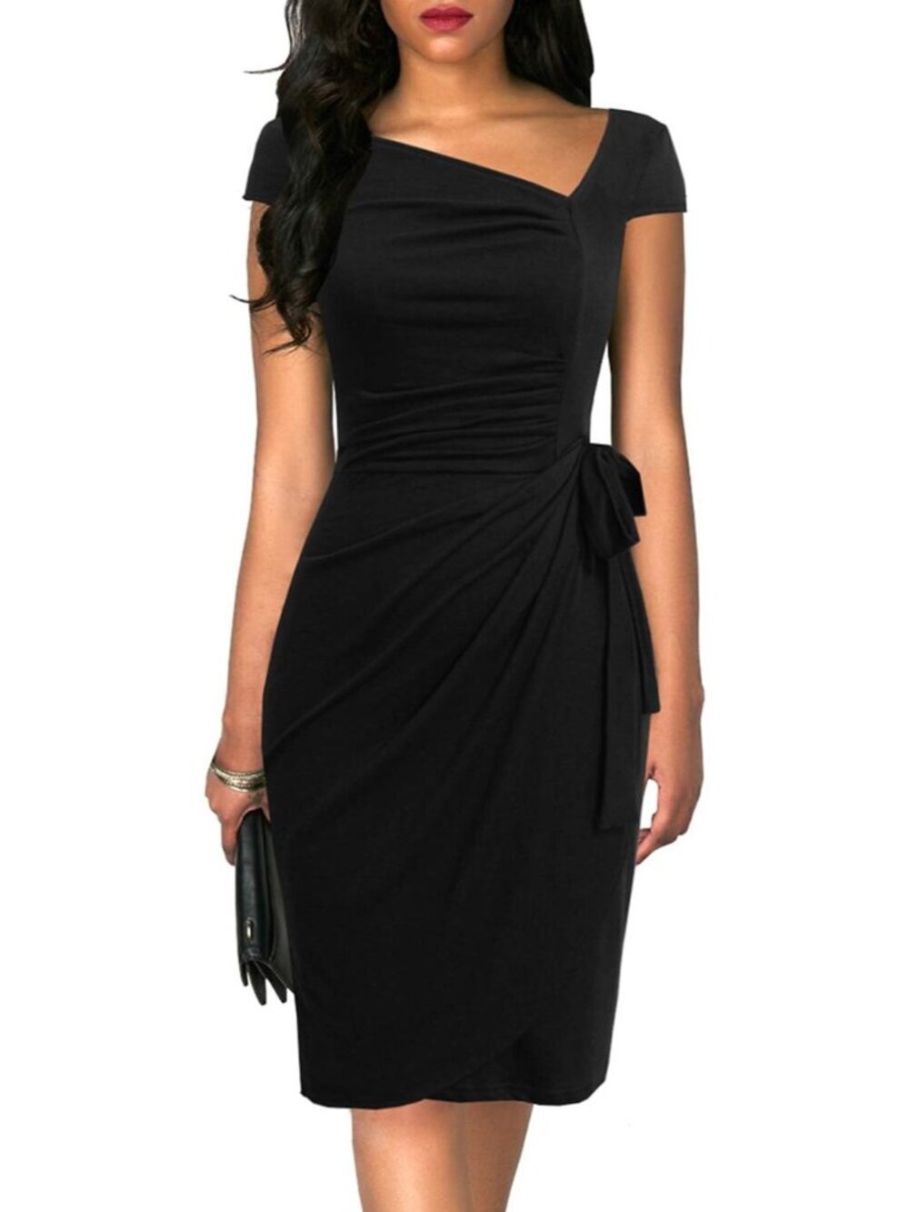 Women's Retro Cap Sleeve Knee-Length Sheath Slim Party Black Faux Wrap Dress